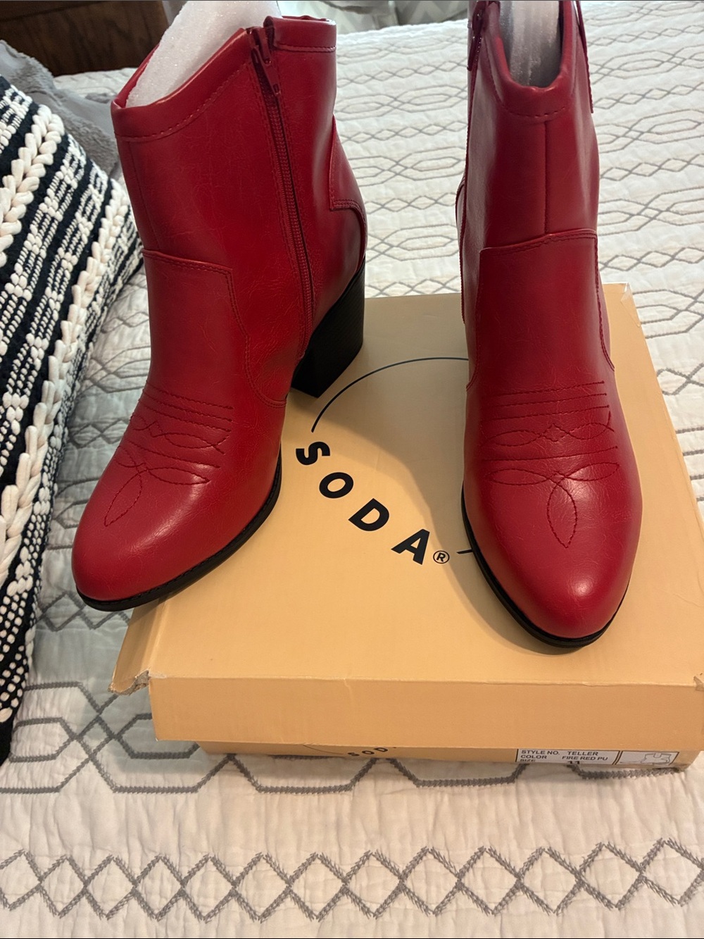 New in Box !!!!Soda Red Faux Leather Western-Style Ankle Boots